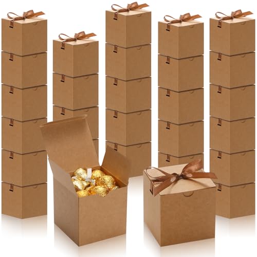 DOYIDE Small Gift Boxes, 60 Pcs 4x4x4 Inch Brown Elegant Paper Box with Ribbons, Party Favor Boxes for Candy Cupcake Chris...