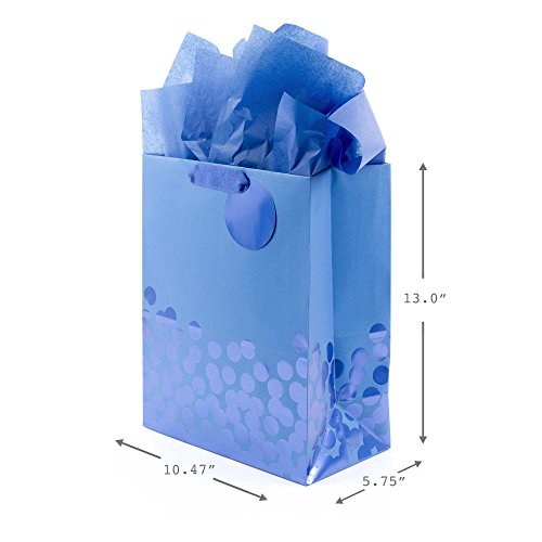 Hallmark 13" Large Gift Bag with Tissue Paper (Blue Foil Dots) for Hanukkah, Christmas, Birthdays, Fathers Day, Graduation...