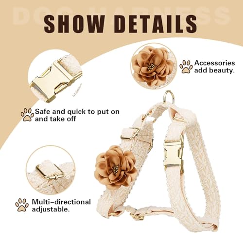 HQREA White Dog Harness and Leash Set Adjustable Lace Harness for Girl Dogs Luxury Dog Harness No Pull with Handle & Bow F...