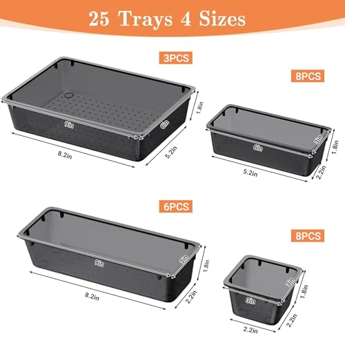 SpaceHacks 25 PCS Plastic Drawer Organizer Set, 4-Size Versatile Organizer Trays & storage Bins for Makeup, Jewelry, and G...