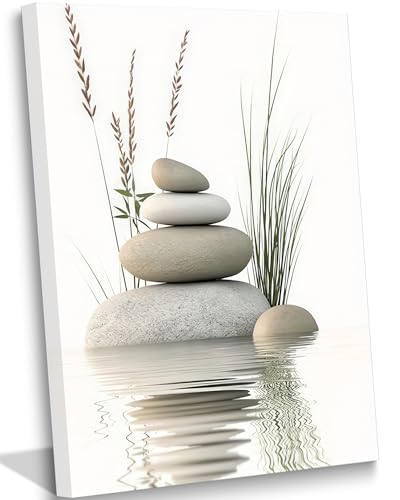 KBIERQN Zen Stone Canvas Wall Art Stacked Stones in Water Poster Print Tranquil Wild Grass Painting Picture for Spa Yoga M...