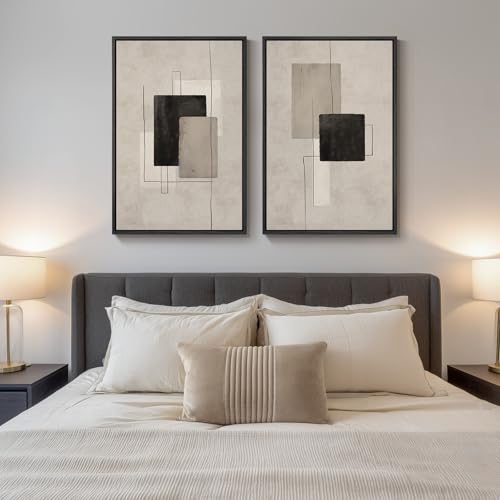 Large Framed Neutral Abstract Wall Art for Living Room, Set of 2 Black and Beige Modern Canvas Prints Paintings Artwork fo...