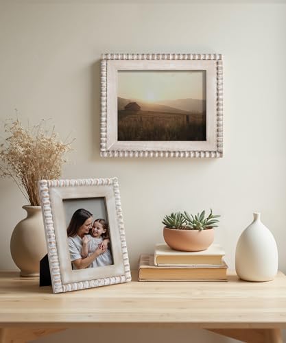 Afuly 8x10 Farmhouse Picture Frame Boho White Beads Photo Frame Wooden Distressed Wall Hanging Desk Standing Decor Artwork...