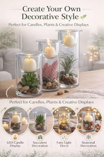 KMwares Glass Cylinder Candle Holders Set of 3 with Artificial Succulent and Decorative Stones, Hurricane Candle Holder Ce...
