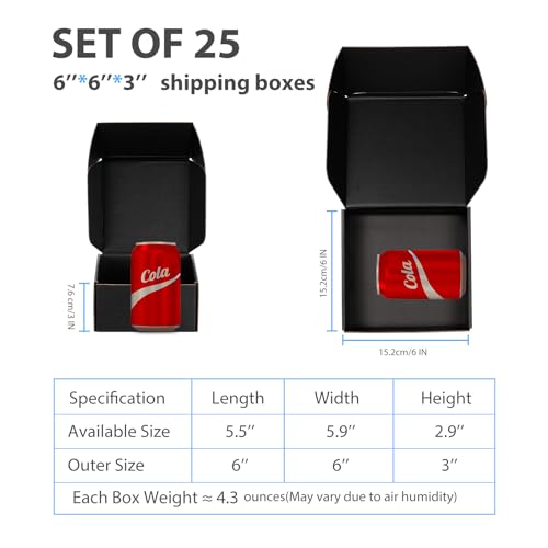 DUZCLI Small Shipping Boxes 6x6x3 Inch (25 Pack) - Sturdy Black Corrugated Cardboard Boxes for Small Business, Ecommerce, ...