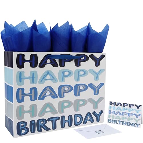 Qirrmiy 16.5” Extra Large Blue Happy Birthday Gift Bag Set with Handles, Greeting Card, Tissue Papers and Stickers for Men...