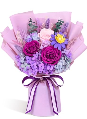 Yastouay Preserved Flowers for Delivery, Last 1-3 Years Flowers Bouquet, Purple Rose Forever Flowers with Gifts Box, Birth...