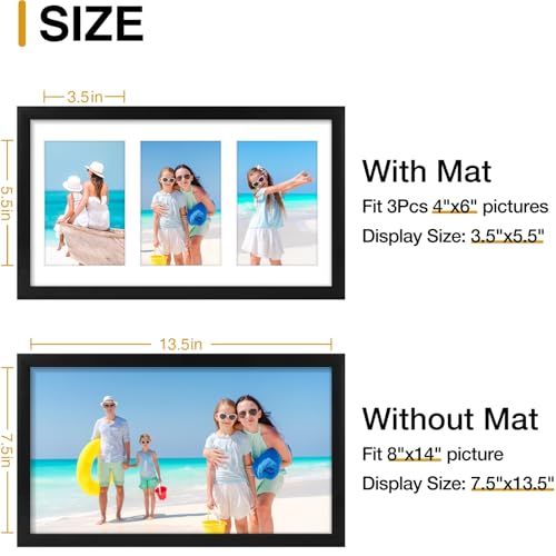 decorUhome 8x14 Picture Frames Collage Wall Decor, Display 3Pcs 4x6 Photos with Mat or 1Pcs 8x14 Unmatted, 3 4x6 Collage P...