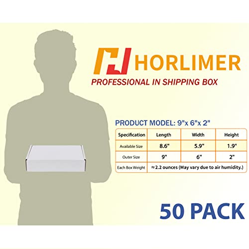 HORLIMER 9x6x2 inches Shipping Boxes Set of 50, White Corrugated Cardboard Box Literature Mailer
