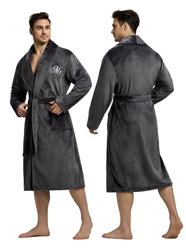 AW BRIDAL 2Pcs Mr and Mrs Robes for Couples Fleece, Matching Long Hooded Robes for Men Women, His and Hers Wedding Gifts