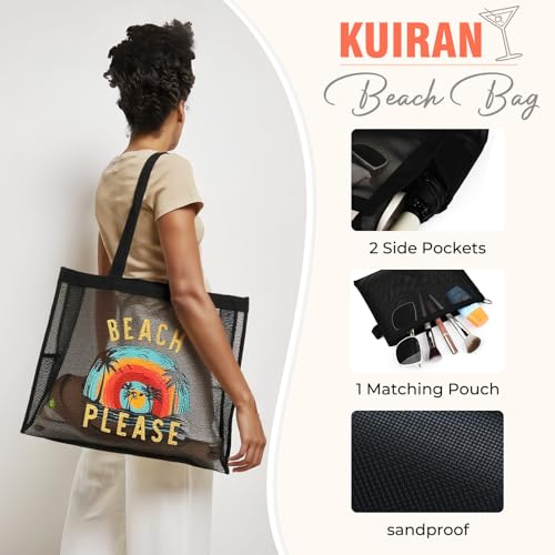KUIRAN 30L Large Beach Bag with Pouch Foldable Sandproof Lightweight Mesh Tote Bag with Two Pockets for Swimming Travel