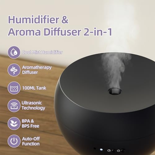Essential Oil Diffuser, Small Ultrasonic Aromatherapy Diffuser with Auto-Off Function, Cool Mist Humidifier with 2 Modes, ...