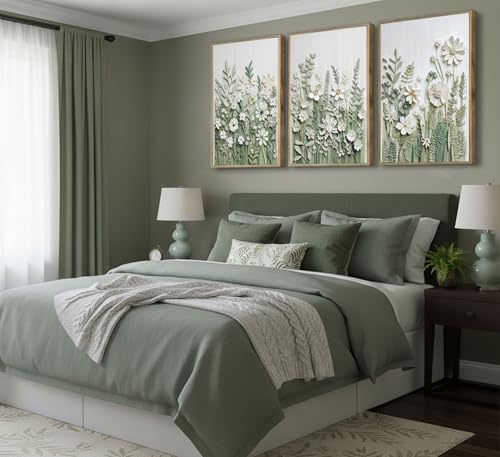 3 Pcs Sage Green Wildflowers Canvas Wall Art Neutral Minimalist Abstract Boho Floral Botanical Painting Pictures Wall Deco...