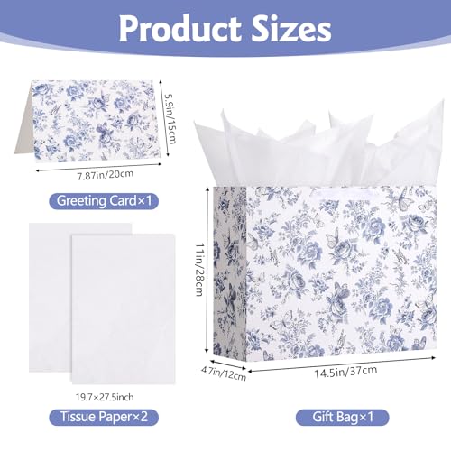 woric 14.5" Large Bridal Shower Gift Bag, Blue Floral Wedding Gift Bag with Greeting Card and Tissue Paper for Women Weddi...