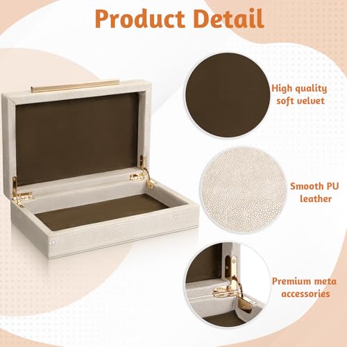 AOZUO Ivory Shagreen Decorative Box Faux Leather Keepsake Case Memory Storage Boxes with Gold Metal Handle Home Jewelry Or...