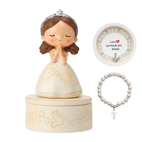 First Communion Gift Set for Girls - Resin Prayer Girl Figurine with Dove & Olive Branch Design, White Religious Keepsake ...