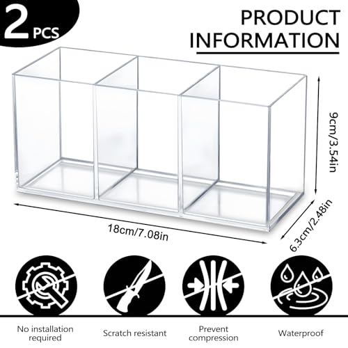 BangBoom 2 Pack Clear Makeup Brush Holder, 3 Compartment Plastic Pen Organizer, Acrylic Silverware Caddy for Storage Desk ...
