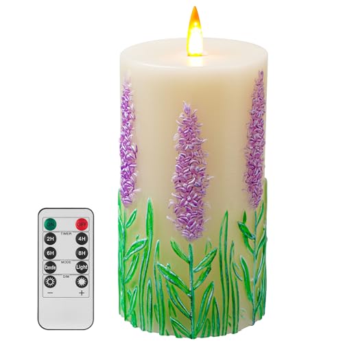 QQFCTOO Lavender Embossed flameless Candle with Flickering Flame - Battery-Operated Candle with Remote Timer - Real Wax - ...