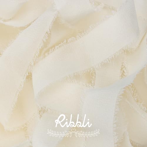 Ribbli Ivory Ribbon 1 Inch x 3 Rolls Total 24 Yards Ivory Handmade Fringe Chiffon Silk Ribbon for Wrapping Wedding Invitat...