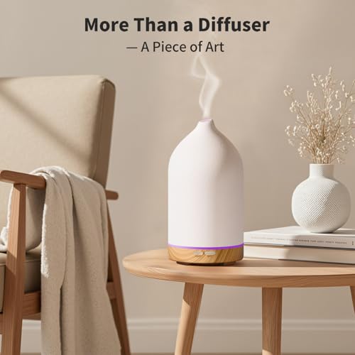 URPOWER 120ML Ceramic Essential Oil Diffuser, Ultrasonic Aromatherapy Diffuser with 7-Color Lights, Auto Shut-Off, Quiet O...