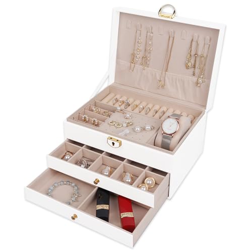 RQQM 3 Layer Jewelry Box Organizer with Drawers, Lockable PU Leather Jewelry Storage Case for Mothrer's Day gifts Necklace...