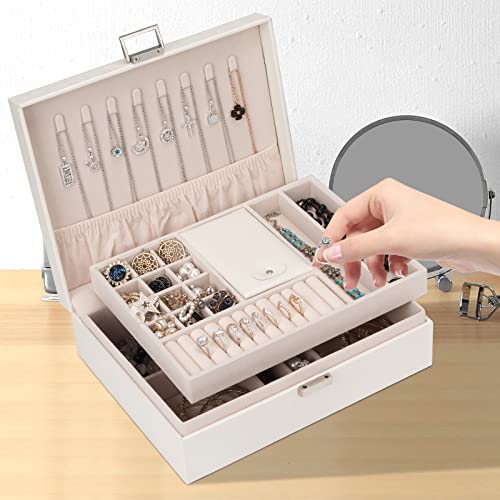 ATAIMEISEN Jewelry Organizer Box for Girls Women - Double Layer Large Travel Jewelry Case with Gift Box/White