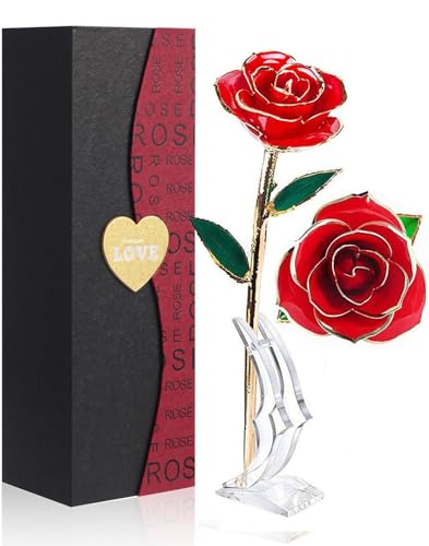 Easegain Gold Dipped Rose 24k Red Gold Plated Rose - Everlasting Long Stem Real Rose Exquisite Holder, Romantic Gift for V...