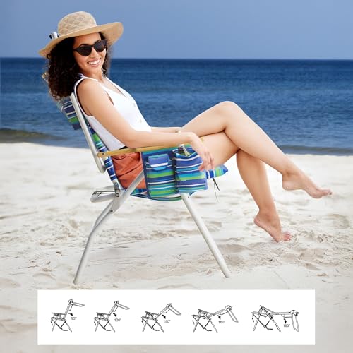 Tall Beach Chairs for Adults, 17" High Backpack Beach Chair with Wooden Armrests, 5 Positions Reclining Heavy Duty Chair w...