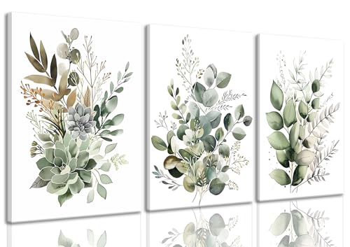 Bwodke Botanical Wall Art Plant Floral Watercolor Canvas Prints Set of 3 Framed Sage Green Painting Eucalyptus Leaf Pictur...