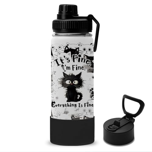 Cat Gifts for Women, 18oz Fine Cat Water Bottle with Straw Lid & Spout Lid - I'm Fine Black Cats Insulated Water Bottles, ...