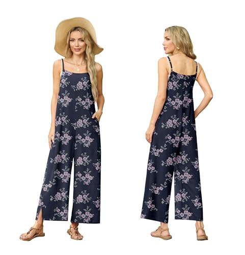 Lepunuo Womens Casual Loose Jumpsuits Summer Boho Wide Leg Rompers Sleeveless Overalls with Pockets