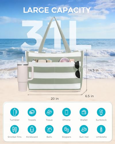 WANDF Beach Bags for Women, Large Waterproof Sandproof Beach Tote Bag with Zipper Family Pool Bags with 40oz Tumbler Pocke...