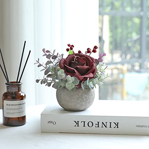 Rosscer Small Artificial Burgundy Rose Potted Plant, 6" Fake Silk Flowers in 3.5" Round Pot, Mini Faux Floral Arrangement ...