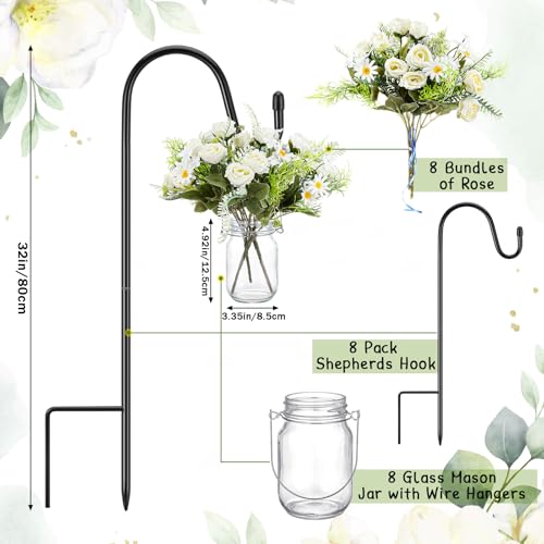 Thiccywoov 8 Sets Wedding Aisle Decoration Include 16 oz Rose Daisy Hanging Mason Jar 32 Shepherds Hooks Rustic Mason Jar ...