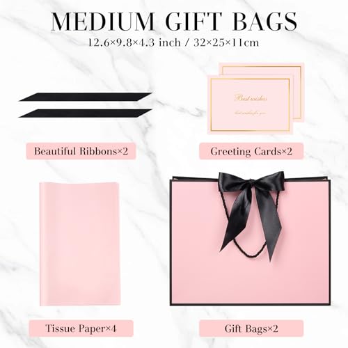 Ohuimrt 2 Pack Pink Gift Bags with Handles, 12.6 x 9.8 x 4.3 Inches Paper Bags, Gift Wrap with Tissue Paper Ribbons Cards ...