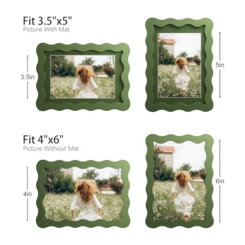 THKRLOF 4x6 Picture Frame with Mat for 3.5x5, Wavy Edge Wooden Real Glass Photo Frame for Tabletop and Wall Hanging, Gree...