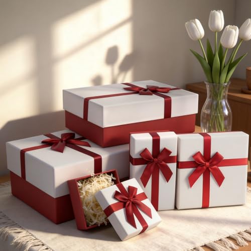 Eerbaier Gift Box for Present, Set of 5 Gift Boxes with Lids, Boxes for Gifts, Red Gift Boxes with Ribbon for Birthday, Mo...
