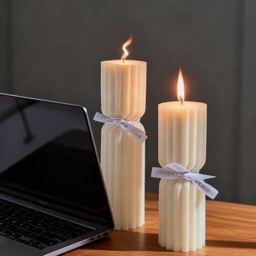 Set of 2 Ribbed Pillar Candles Handmade Soy Wax Scented Ribbed Candles,Hourglass Pillar Candle,Wax Elegant Bubble Natural ...