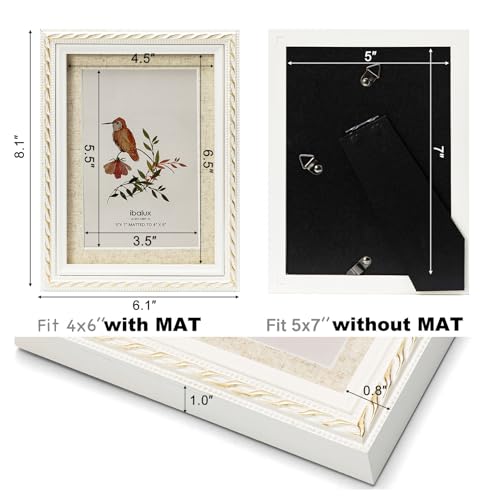ibalux 5x7 Picture Frame Pine Wood with Real Glass, Gold-Toned Synthetic Rope Edging, Linen Matted to 4x6, Vertical and Ho...