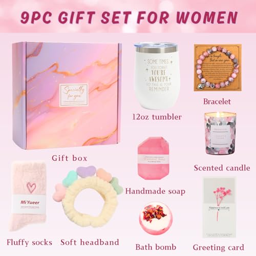 Happy Birthday Gifts for Women, 9pc Get Well Baskets, Pink Self Care Package Relaxing Spa Bath Thinking of You Gift Set fo...