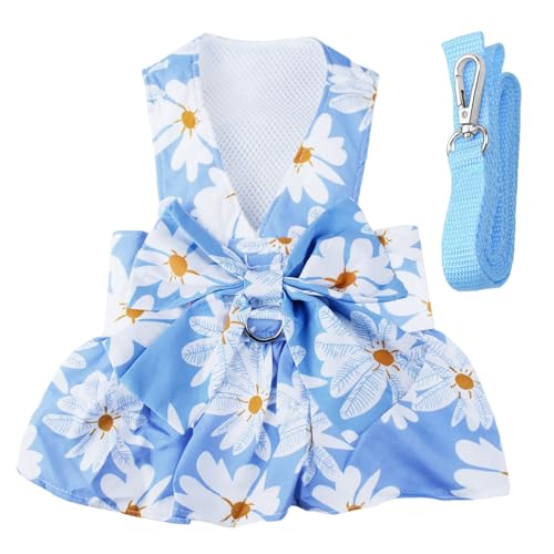 Small Dog Harness Dress Bow Female Dog Clothes Print Flower Girl Dog Harness Dresses Puppy Outfits with Leash Set Summer C...
