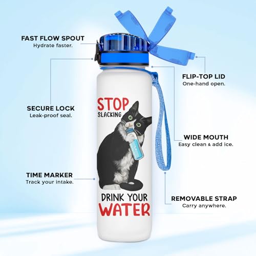 GEPOSTORE Funny Cat Hydration Water Bottle 32oz with Time Marker, Cute Cat Mom Gift for Women, Reusable Daily Motivation D...