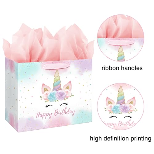 13" Large Unicorn Birthday Gift Bag with Card and Tissue Paper for Baby Girls and Kids Birthday (13in Pink)