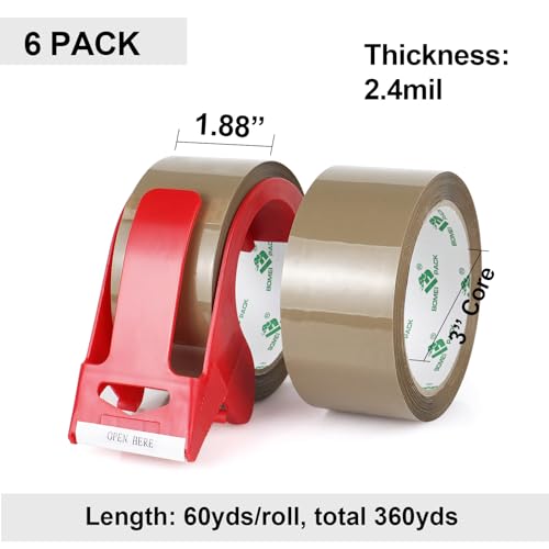 BOMEI PACK Brown Packing Tape with Dispenser, 2.4 Mil 1.88 Inch x 60 Yards, 6 Refills Rolls Packaging Tape for Moving, Shi...