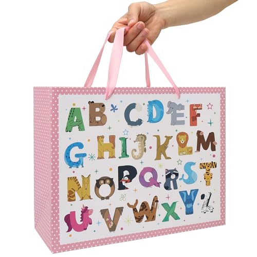 Qirrmiy 13'' Large Baby Girl Gift Bag Set with Handles, Greeting Card, Pink Tissue Papers and Stickers for Baby Girls Kids...