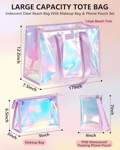 DSDCDJ Iridescent Beach Bags for Women, Large Jelly Tote Bag with Phone Pouch & Makeup Bag - Waterproof Beach Tote Bag