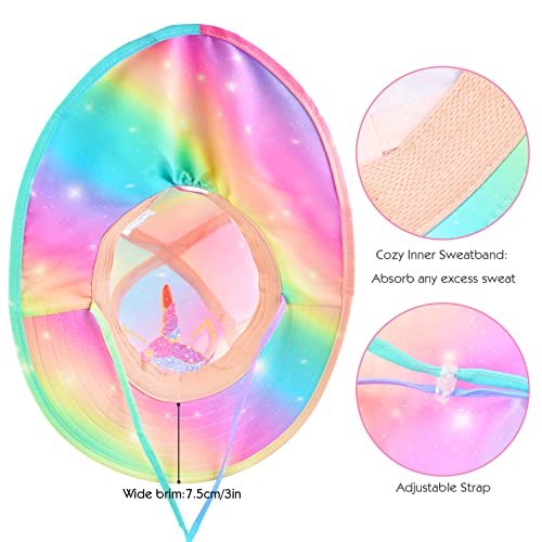 Girls Sun Hat for Kids UV Protection Unicorn Summer Hat Beach Play Hats Wide Brim Neck Flap for Girls Ponytail Hat 2-9 Years