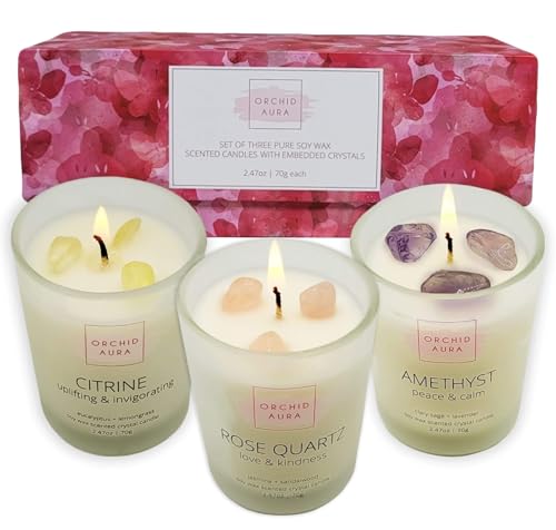 ORCHID AURA Soy Candles with Healing Crystals. Citrine, Rose Quartz, Amethyst Crystal. Eucalyptus + Lemongrass, Jasmine + ...