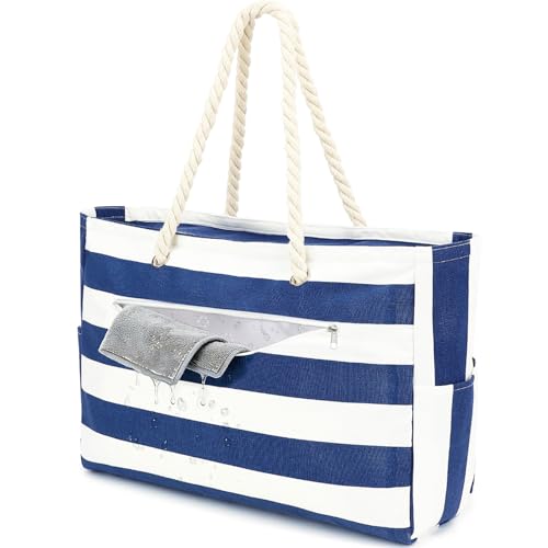 Fammart Beach Bags Waterproof Sandproof for Women, Large Canvas Pool Bag with Leakproof Wet Pocket & Zipper Cruise Essentials