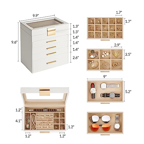 Somduy Jewelry Box, 5 Layers Jewelry Storage Display Box with Glass Lid for Women, 4 Drawers,Large Capacity for Necklace E...